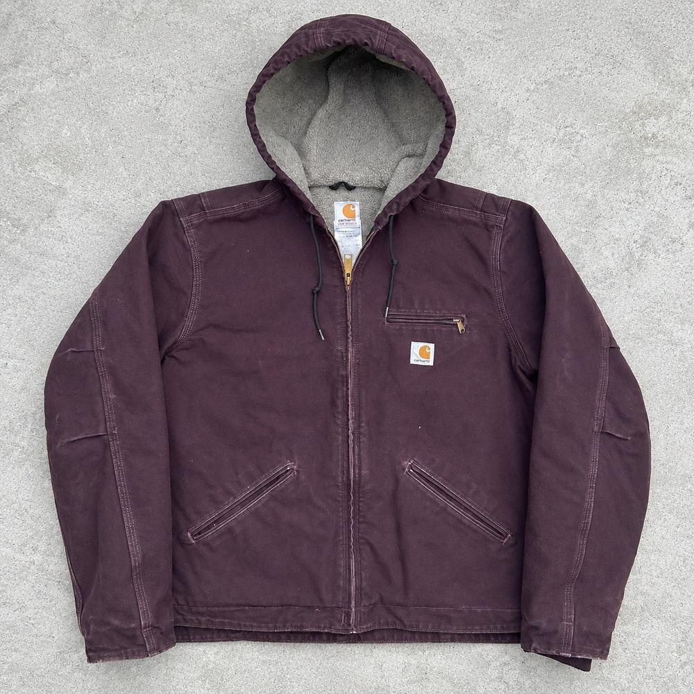 Carhartt WJ067 Women Large Purple Duck Canvas Sherpa Lined Hooded Jacket Vintage